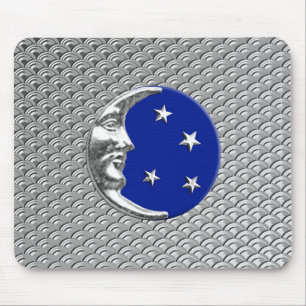 Tapis De Souris Art Deco Moon and stars - Cobalt Blue and Silver