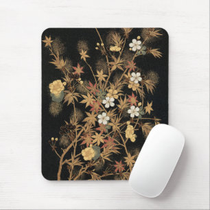 Tapis De Souris Art floral automnal noir doré vintage japonais