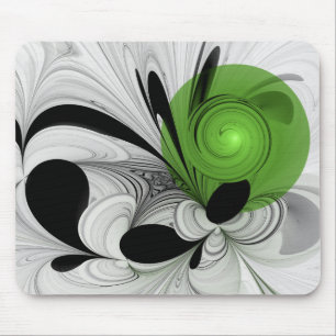 Tapis De Souris Art fractal abstrait noir et blanc avec vert