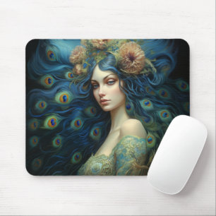 Tapis De Souris Art moderne avec femme et plumes de paon