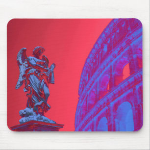 Tapis De Souris Art numérique rouge, bleu du Colisée et statue