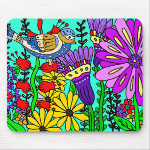 Tapis De Souris Art populaire coloré Style Oiseau et fleurs