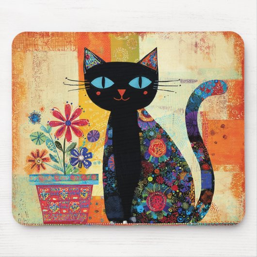 Tapis De Souris Art populaire de chat noir (Devant)