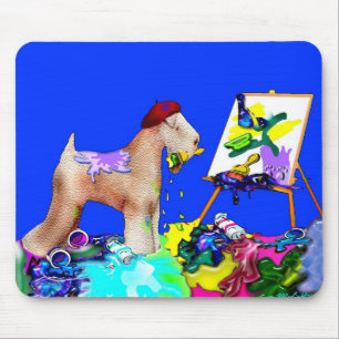Tapis De Souris Artiste de Terrier roux (Bkgd Bleu)