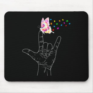 Tapis De Souris ASL I Love You Hand Sign Language Butterfly Autism