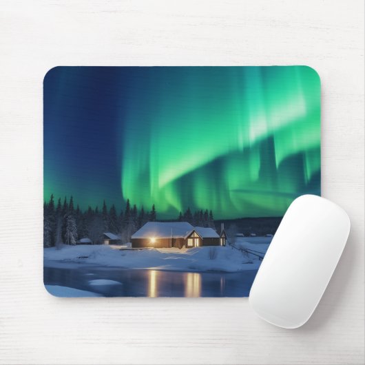 Tapis De Souris Aurora borealis au-dessus du cabine d'hiver (Avec souris)
