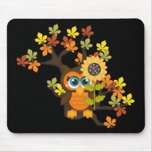 Tapis De Souris Automne, Chouette automnale avec Fleurs de soleil