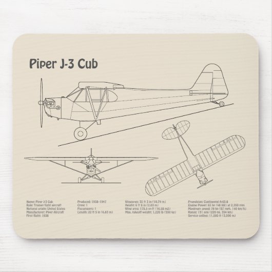 Tapis De Souris Avion Cub - Plan directeur de l'avion SD (Devant)
