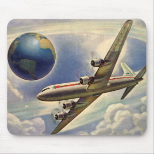 Tapis De Souris Avion vintage volant autour du monde dans les nuag