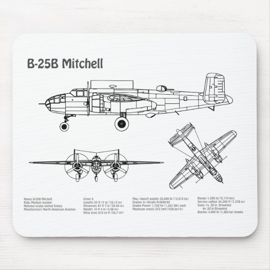 Tapis De Souris B-25B Mitchell Doolittle - Plan d'avion BD (Devant)