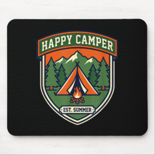 Tapis De Souris Badge de campeur heureux tente montagne feu de cam