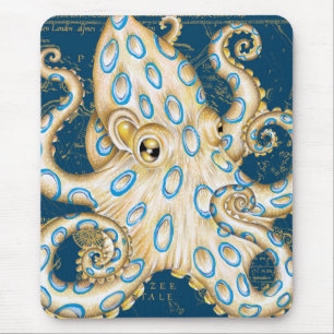Tapis De Souris Bague bleue Octopus Indigo Carte Vintage Nautique