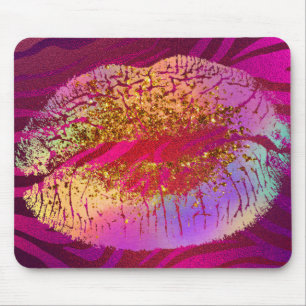 Tapis De Souris Baiser de lèvres pailletés or arc-en-ciel impressi
