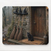 Tapis De Souris Balais de sorcière et chat d'Halloween (Devant)