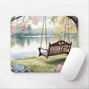 Tapis De Souris Balançoire au bord du lac dans un jardin romantiqu