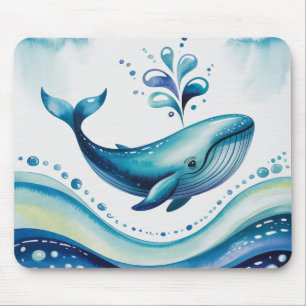 Tapis de souris Baleine bleue aquarelle et points
