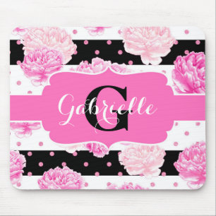 Tapis De Souris Bandes horizontales noires et blanches Monogramme