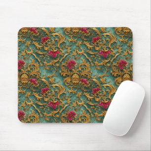 Tapis De Souris Baroque floral émeraude avec ornements dorés
