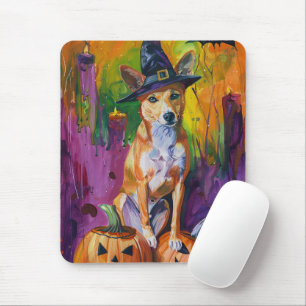 Tapis De Souris Basenji effrayant Halloween Sorcière Et Citrouille