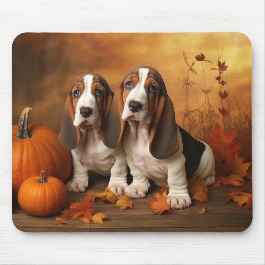 Tapis De Souris Basset Hound Chiot Automne Citrouille de plaisir (Devant)