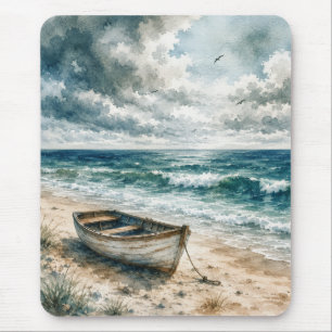 Tapis De Souris Bateau à rames patiné à l'aquarelle sur une plage 