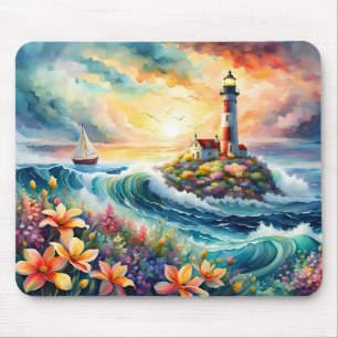 Tapis De Souris Bateau à voile phare Floral Beauté Aquarelle