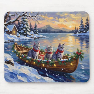 Tapis De Souris Bateau de Noël de chat bleu oriental Fêtes