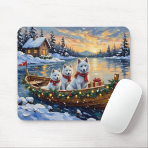 Tapis De Souris Bateau de Noël de Samoyède blanc pour les fêtes