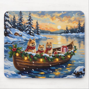 Tapis De Souris Bateau de Noël du Pomeranian pour les Fêtes