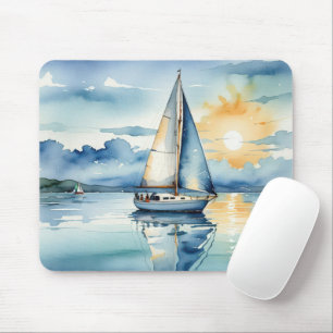 Tapis De Souris Bateau Watercolor Sur Le Lac Au Coucher Du Soleil