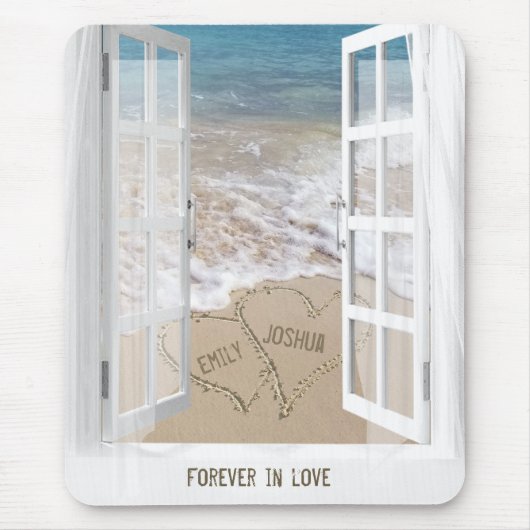 Tapis De Souris Beach Sand Heart avec fenêtre ouverte (Devant)