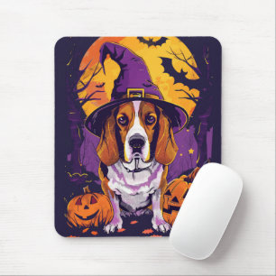 Tapis De Souris Beagle effrayant Halloween Sorcière et Citrouille