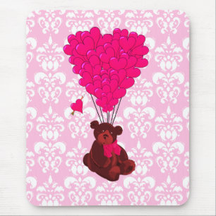 Tapis De Souris Bear & heart balloons on pink damask