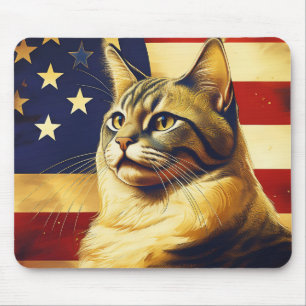 Tapis De Souris Beau Chat avec Arrière - plan de drapeau américain