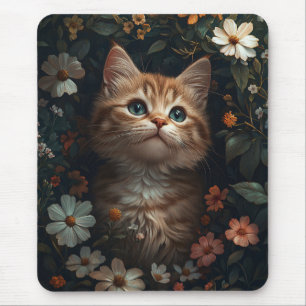 Tapis De Souris Beau chaton orange avec Fleur sauvage