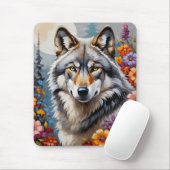 Tapis De Souris Beau loup gris et fleurs (Avec souris)