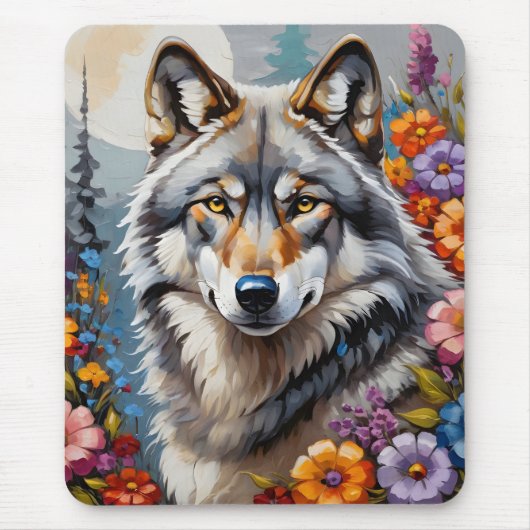 Tapis De Souris Beau loup gris et fleurs (Devant)