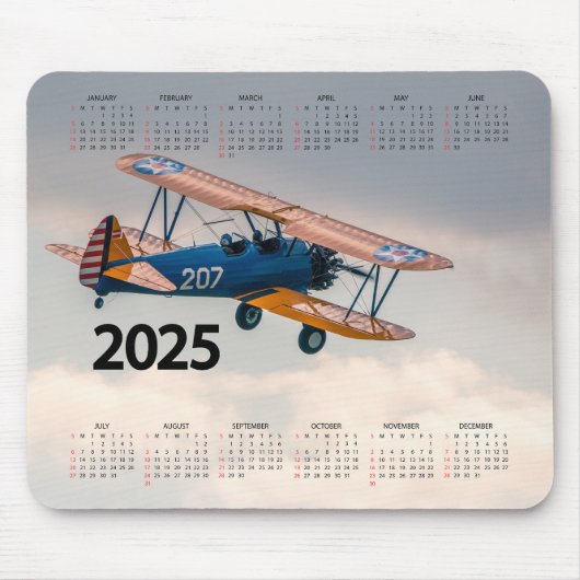 Tapis De Souris Beau Stearman Airplane 2025 Calendrier (Devant)