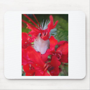 Tapis De Souris Beauté Délicate : Fleur Rouge avec Plume Blanche