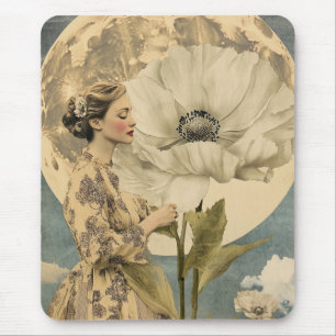 Tapis De Souris Beauté Lune - Femme avec Fleur Blanche et Lune