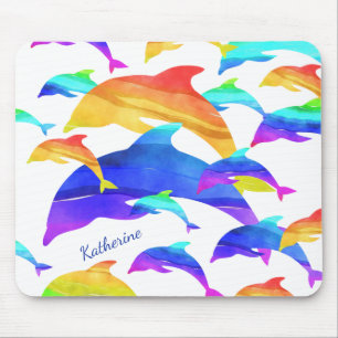 Tapis De Souris Beaux dauphins en arc-en-ciel avec prénom
