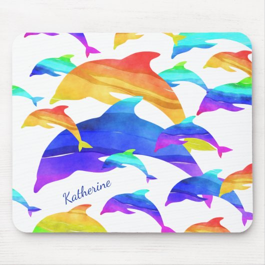 Tapis De Souris Beaux dauphins en arc-en-ciel avec prénom (Devant)