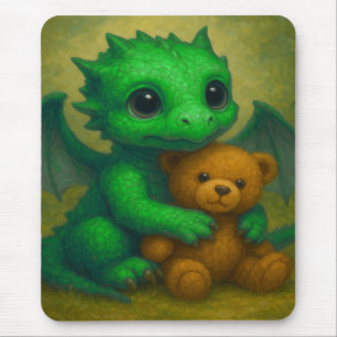 Tapis De Souris Bébé Dragon vert mignon avec ours en peluche