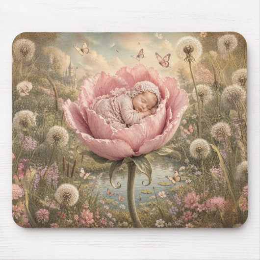 Tapis De Souris Bébé endormi dans une fleur rose  (Devant)