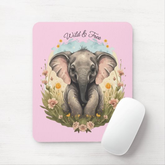 Tapis De Souris Bébé mignon Eléphant Calf Fleur sauvage Wanderlust (Avec souris)