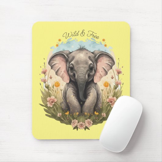 Tapis De Souris Bébé mignon Eléphant Calf Fleur sauvage Wanderlust (Avec souris)