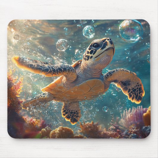 Tapis De Souris Bébé mignonne tortue de mer avec bulles (Devant)