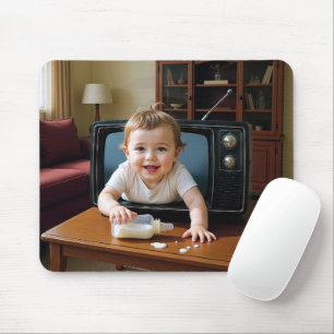 Tapis De Souris Bébé rampant hors d'un téléviseur rétro