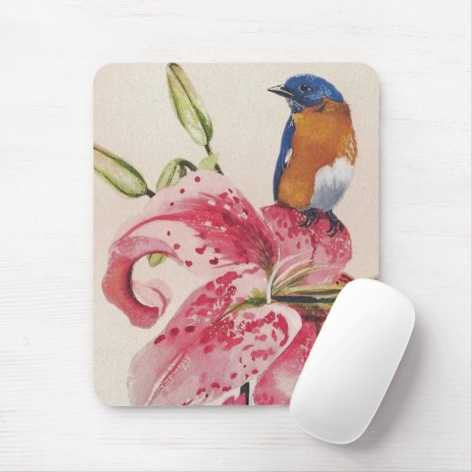 Tapis De Souris bel oiseau bleu sur un lis d'astronome (Avec souris)