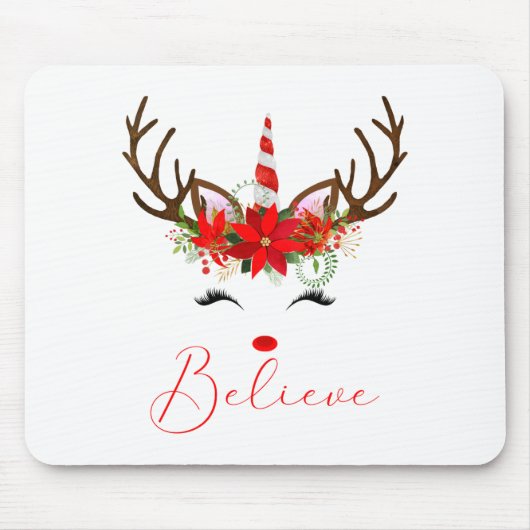 Tapis De Souris Believe Red White Insettia Reindeer Unicorn (Devant)